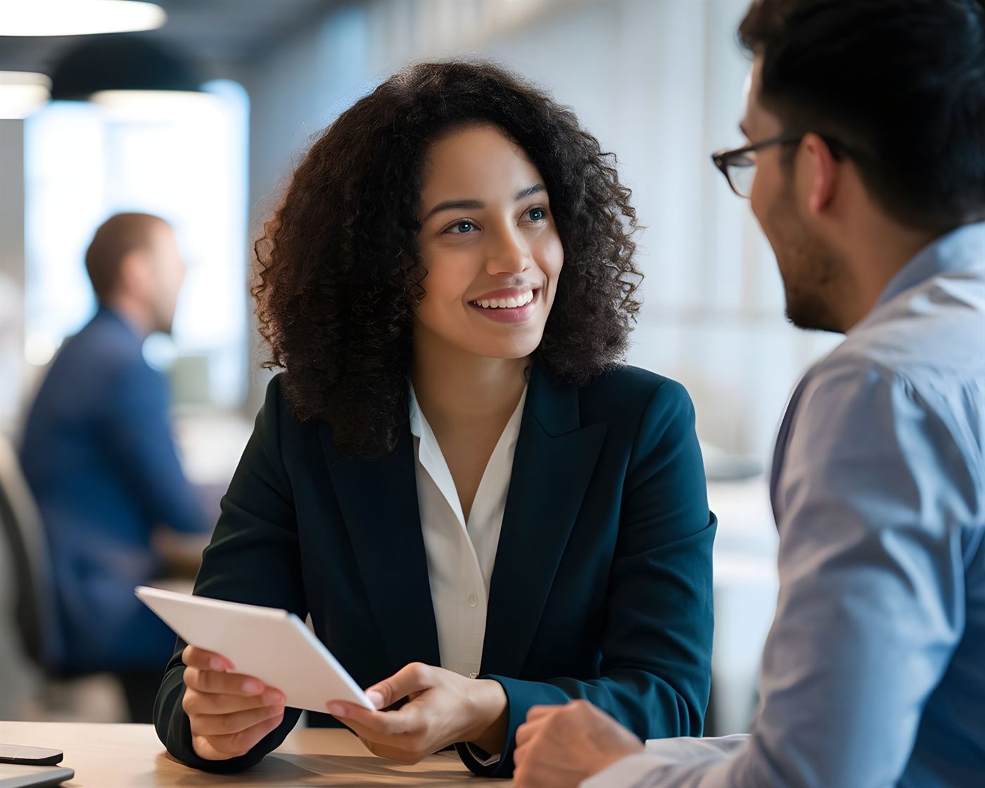 A real estate professional consulting with a client across a desk